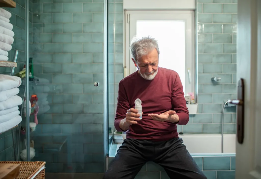 Senior man taking a pill in a bathroom, highlighting the challenges of cancer treatment and diarrhea. This image relates to chemotherapy-induced diarrhea and the importance of diarrhea management in cancer patients.